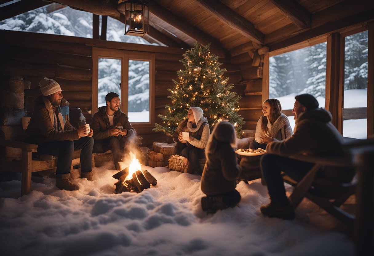 Families gather around a crackling fireplace in a rustic cabin, sipping hot cocoa and playing board games as snow falls outside