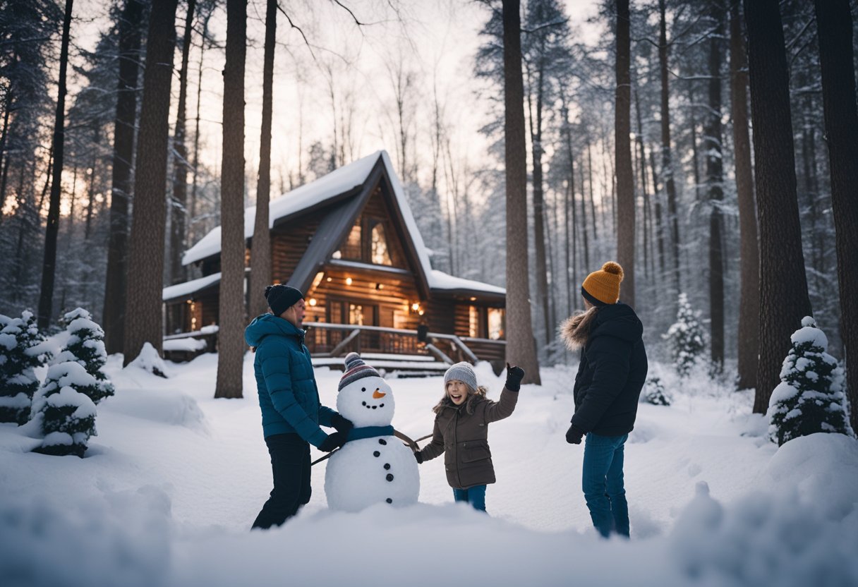 A family of four builds a snowman in a snowy Missouri forest. Nearby, a cozy cabin sits nestled among the trees, smoke rising from its chimney