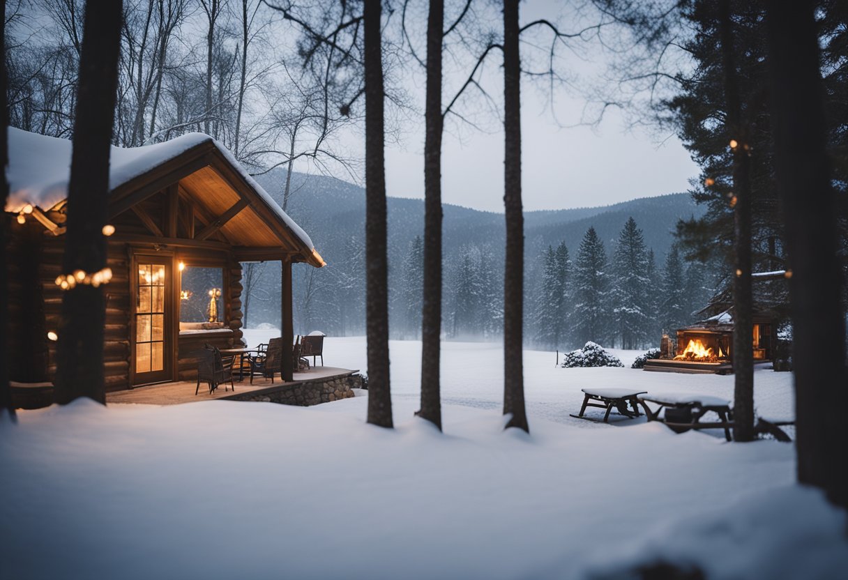 A cozy cabin nestled in the snowy Ozark Mountains, surrounded by towering pine trees and a crackling fire pit. Families ice skate on a frozen lake, while others sip hot cocoa and explore local artisan shops