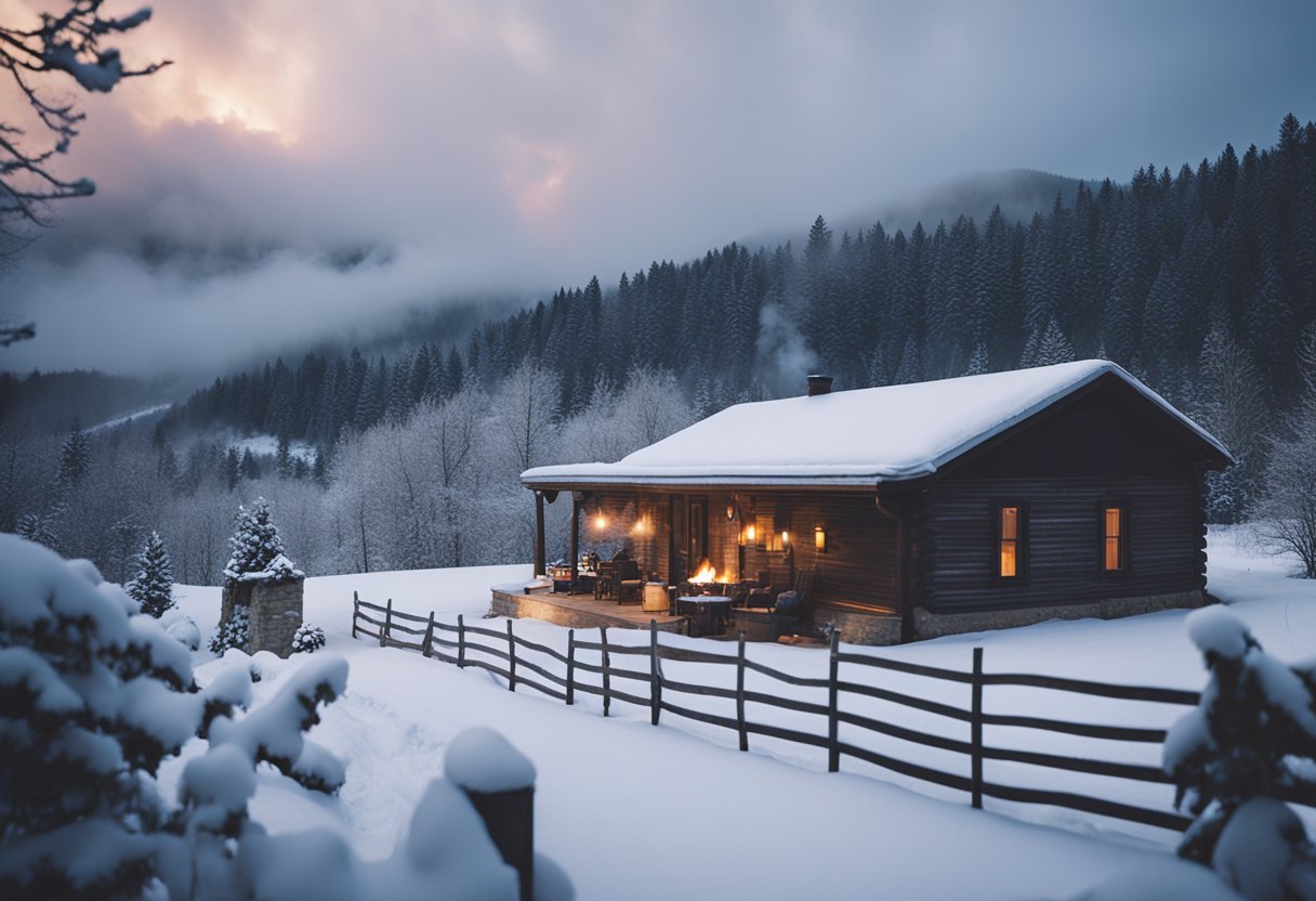 A cozy cabin nestled among snow-covered vineyards in Missouri's Wine Country. Smoke rises from the chimney as a family gathers around a crackling fireplace, sipping on warm mulled wine