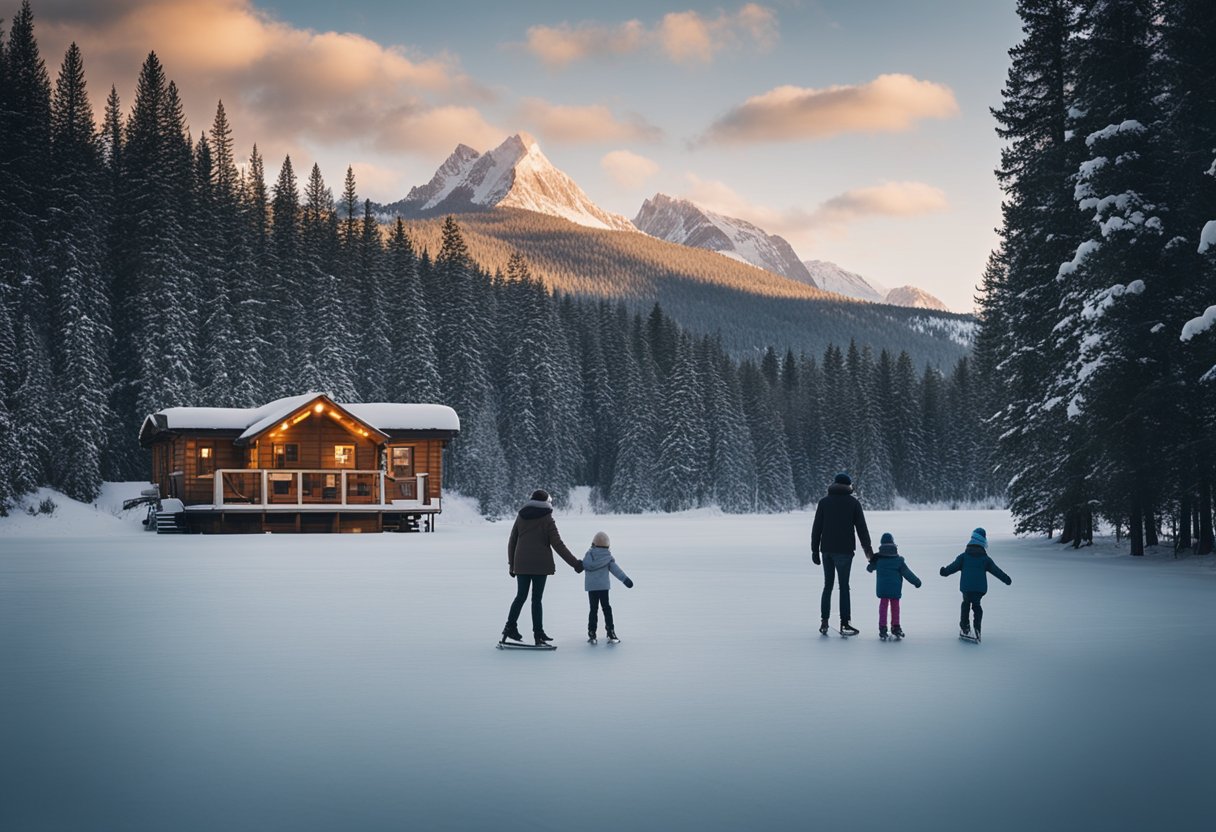 Families ice skating on a frozen lake, surrounded by snow-covered trees and cozy cabins in the background. A warm glow emanates from the windows, creating a picturesque winter scene