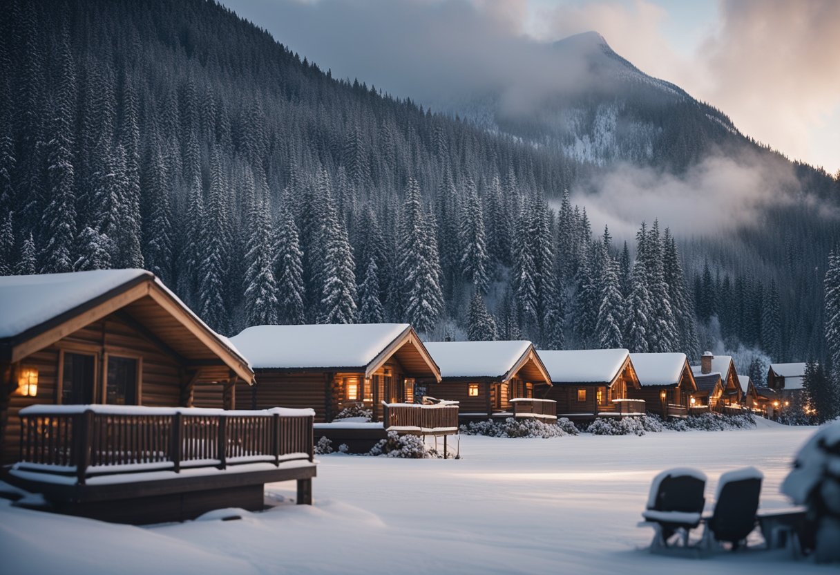 Snow-covered cabins nestled in a forest, smoke rising from chimneys. Families ice skating on a frozen lake, surrounded by snow-capped mountains. A cozy lodge with a crackling fireplace and hot cocoa