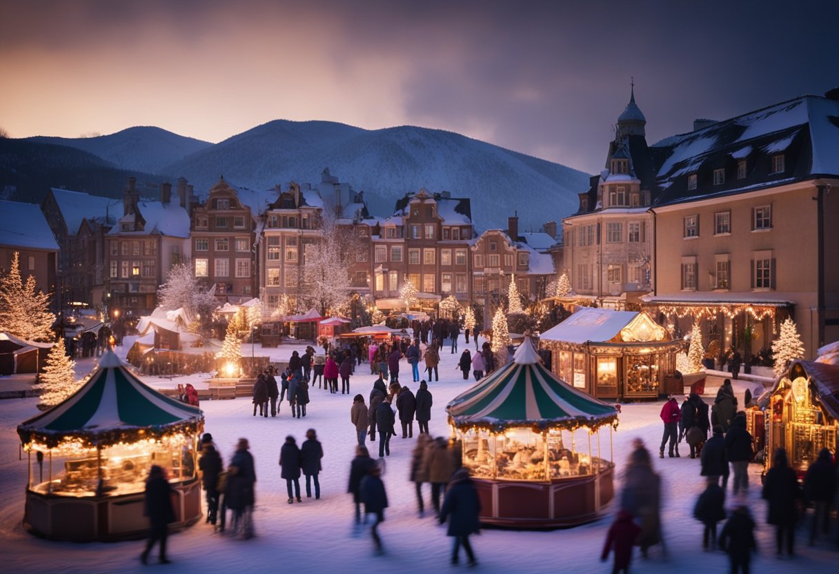 Snow-covered town square with colorful lights and festive decorations. Children ice skating on a frozen pond while families gather around a bonfire. A carousel spins with joyful riders and vendors sell hot cocoa and holiday treats