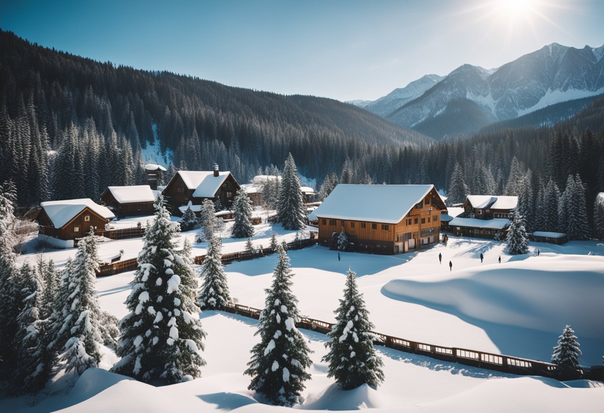 A snow-covered landscape with evergreen trees, a frozen river, and a quaint town hosting a winter festival with ice skating, sledding, and hot cocoa