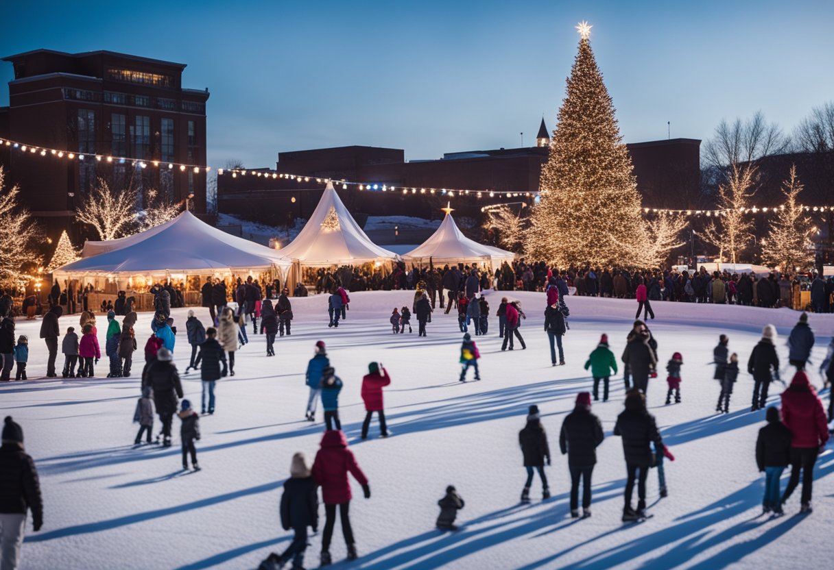 A snowy landscape with festive decorations, ice skating rink, and families enjoying winter activities at Missouri's winter festivals and events