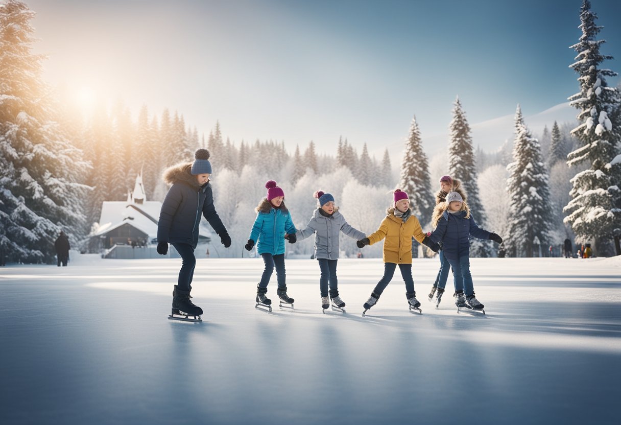 Children ice skating on a frozen pond, surrounded by snow-covered trees, with a festive winter festival in the background