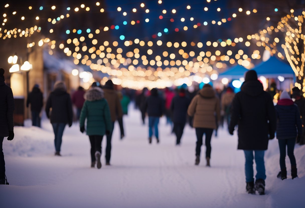 Colorful lights adorn the snow-covered streets, as families gather around festive displays and enjoy seasonal entertainment at Missouri's winter festivals