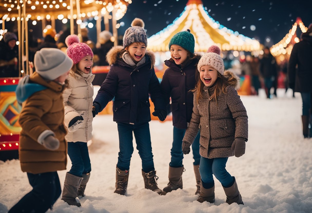 Children laughing and playing in the snow at a winter festival, surrounded by colorful lights and festive decorations. A carousel spins in the background as families gather for entertainment and fun
