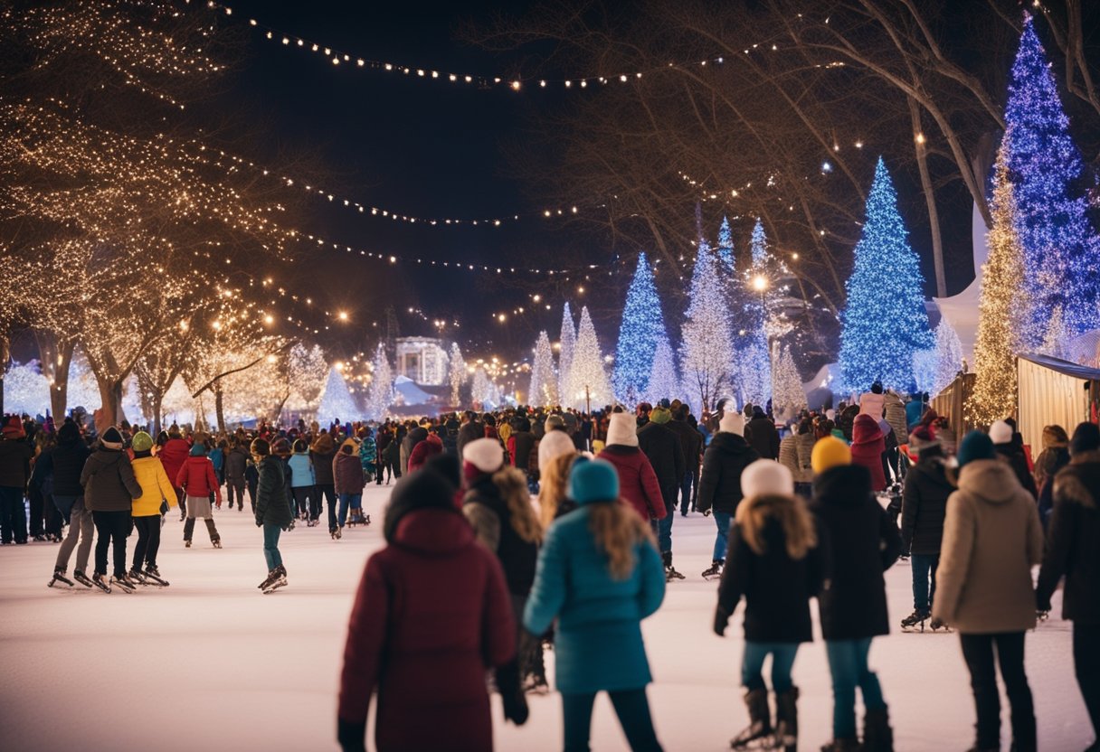 A lively winter festival in Missouri features colorful lights, festive decorations, and joyful families enjoying ice skating and holiday performances