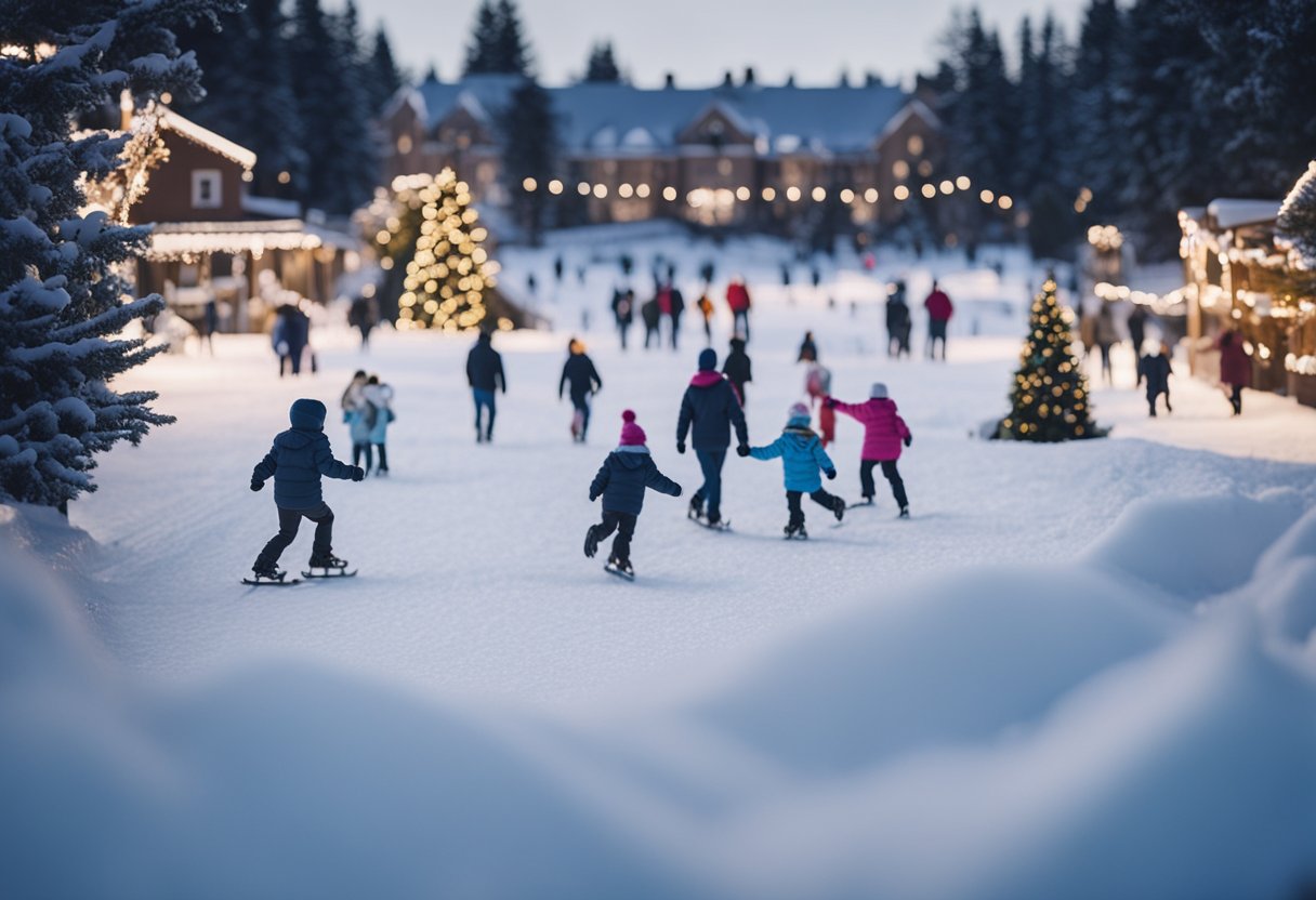 A snow-covered landscape with festive decorations and families enjoying winter activities like ice skating and sledding