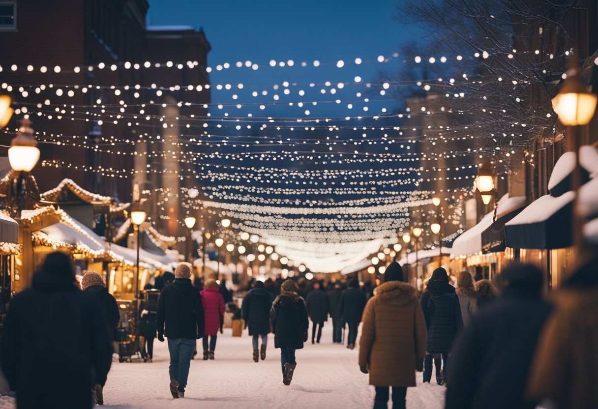 Snow-covered streets lined with festive lights and bustling with families enjoying winter festivals and events in Missouri