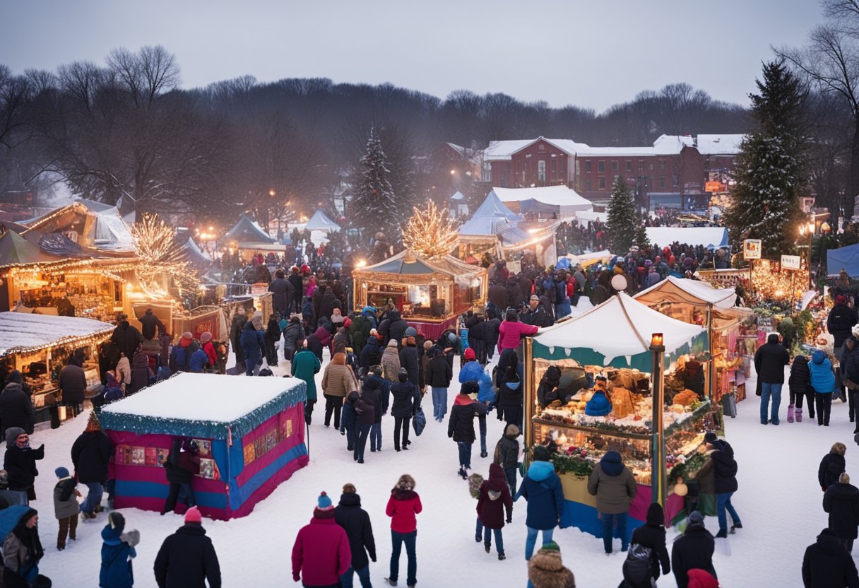 Crowds gather around festive booths and colorful displays at Missouri's winter festivals. Children laugh and play in the snow while families enjoy live music and delicious food