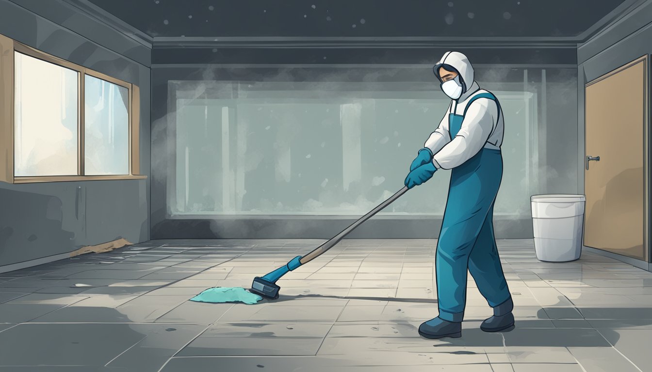 A dark, damp environment with visible mold growth on surfaces. A person wearing a mask and gloves while cleaning the area to prevent exposure to mold spores