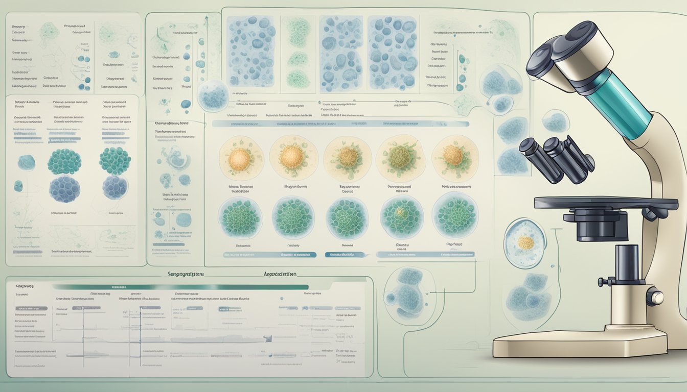 A microscope revealing different types of aspergillosis spores, alongside symptoms and risk factors, displayed on a medical chart