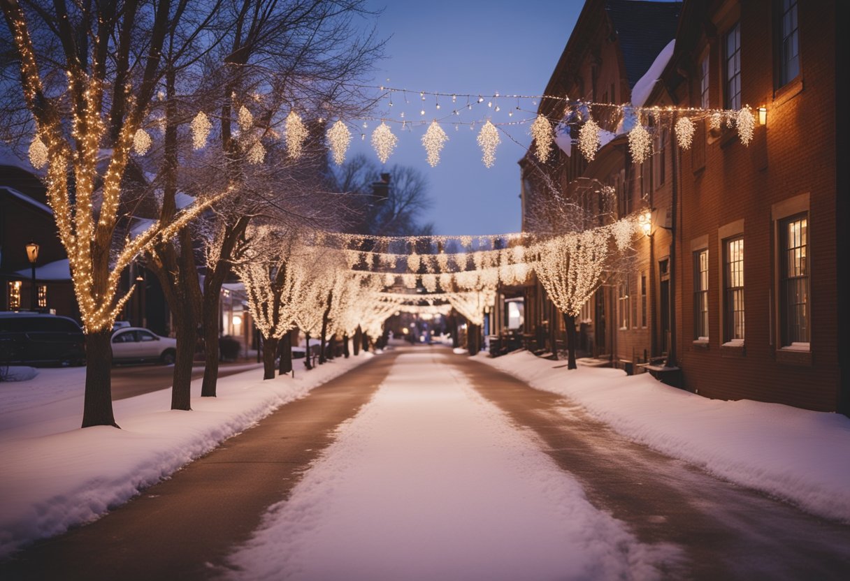 Glowing holiday lights adorn snowy trees and quaint buildings in a charming Missouri town, creating a magical winter wonderland