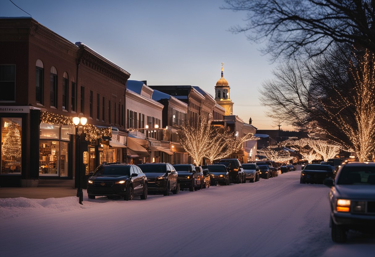 A charming Missouri town adorned with twinkling holiday lights and bustling with festive celebrations