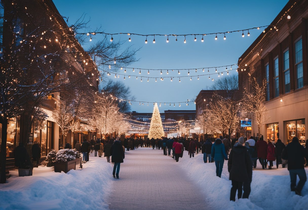 Missouri's winter scene: colorful holiday lights, bustling festive celebrations, and a lively culinary scene