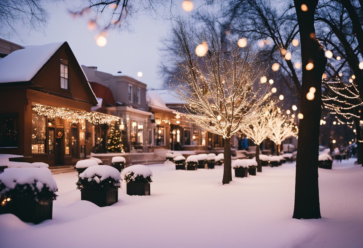 A snowy landscape with twinkling holiday lights adorning trees, buildings, and festive displays. People gather for cheerful celebrations in the charming Missouri town
