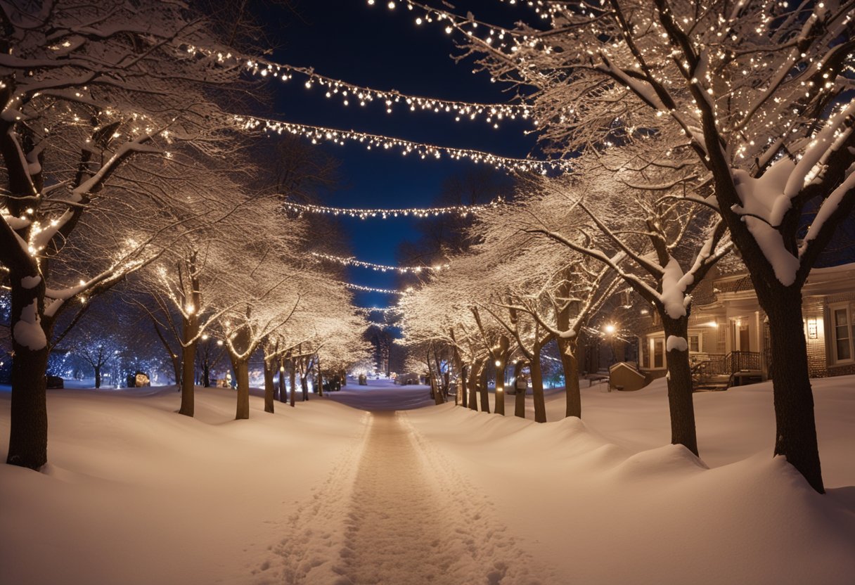 A snowy Missouri landscape with twinkling holiday lights and festive decorations adorning trees and buildings