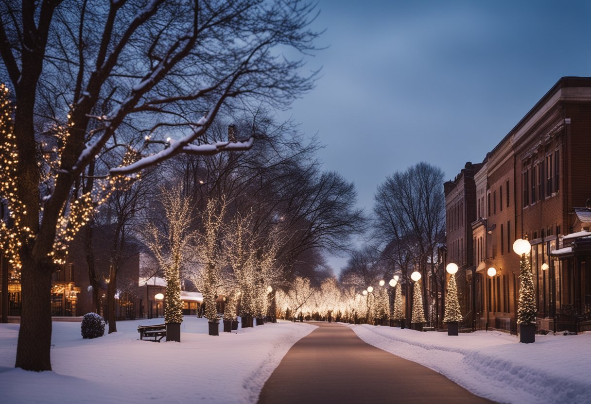 A snowy landscape with twinkling holiday lights adorning trees, buildings, and festive decorations creating a magical winter wonderland in Missouri