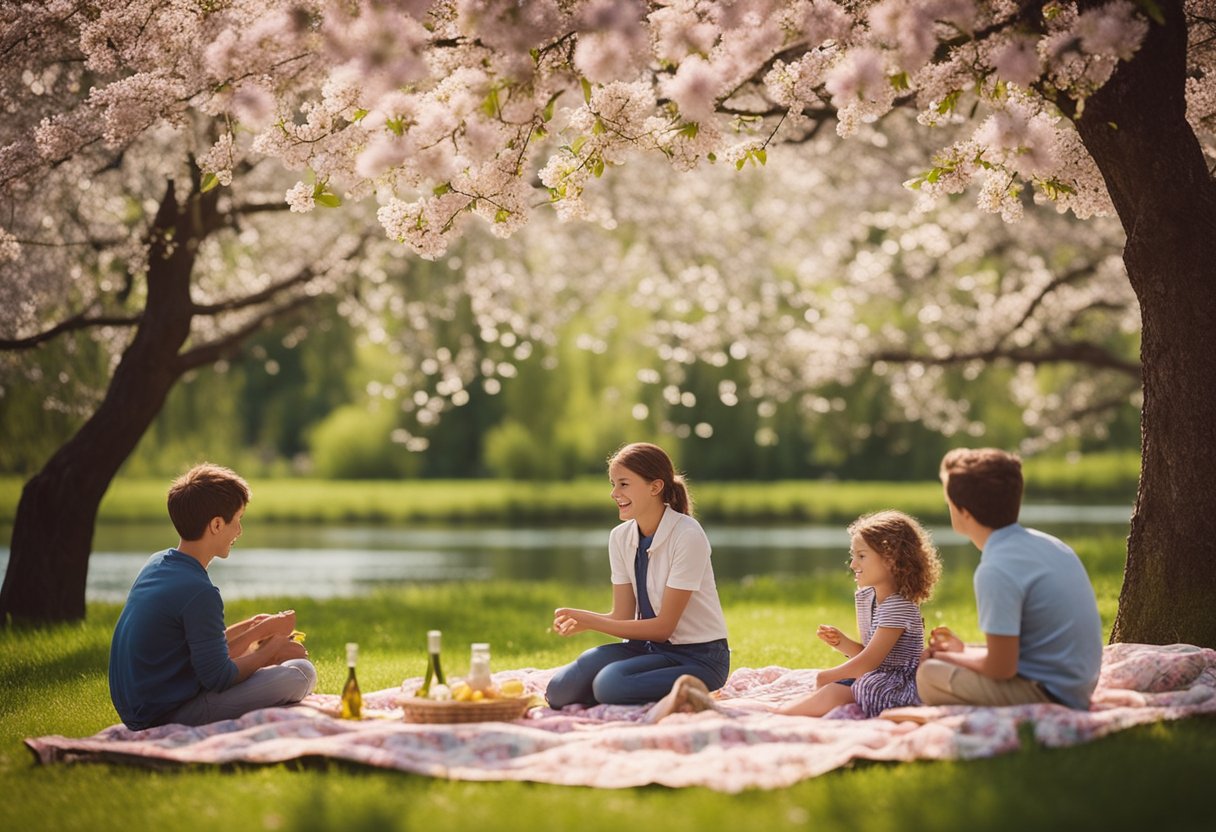 Families picnic under blossoming trees by a tranquil lake. Children play in the vibrant meadow, while parents relax on a blanket. A gentle breeze carries the scent of wildflowers through the air