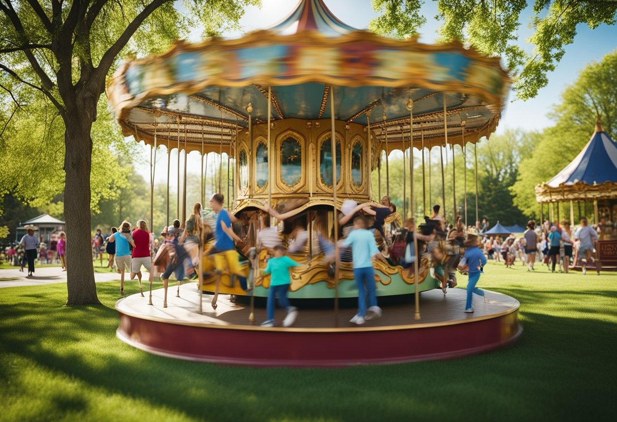 Families frolic in a sunny Missouri park, picnicking, playing games, and exploring nature trails. A colorful carousel spins nearby, while children laugh and run through the springtime fun