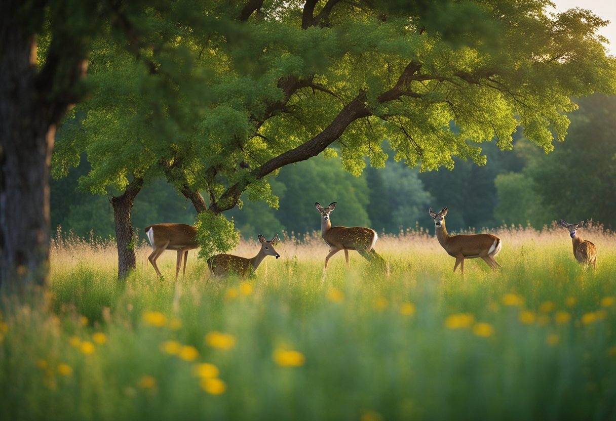 Lush green trees and colorful wildflowers fill the landscape. A family of deer grazes peacefully in a meadow, while a variety of birds flit and sing in the treetops