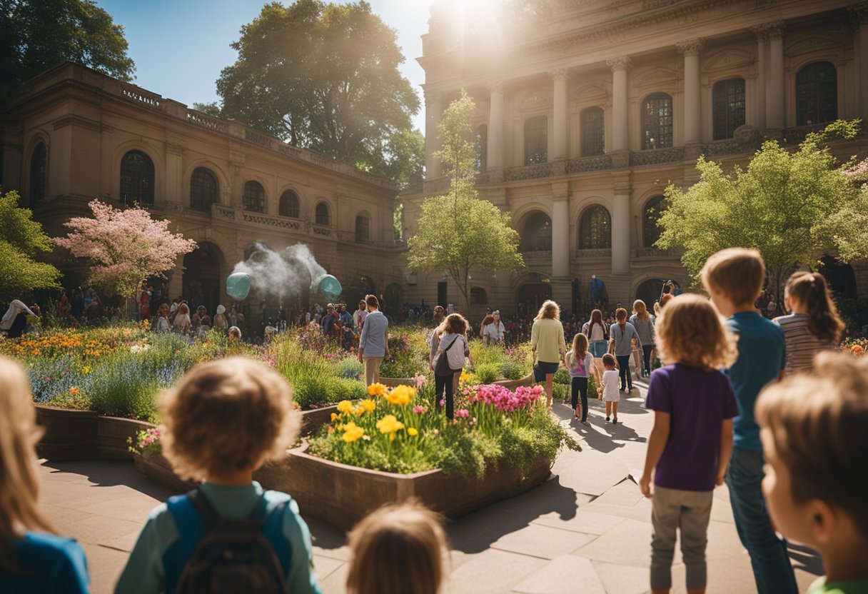Children explore a vibrant museum exhibit, while parents watch a live performance in a historic theater. Outside, families stroll through a botanical garden, admiring colorful blooms and engaging in hands-on educational activities