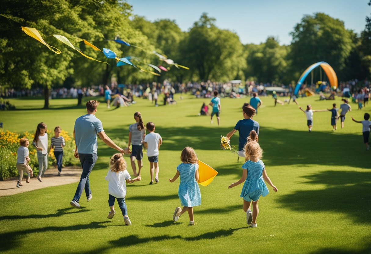 Families picnic, fish, and hike in a lush park with blooming flowers, while children play on a playground and fly kites under a bright blue sky