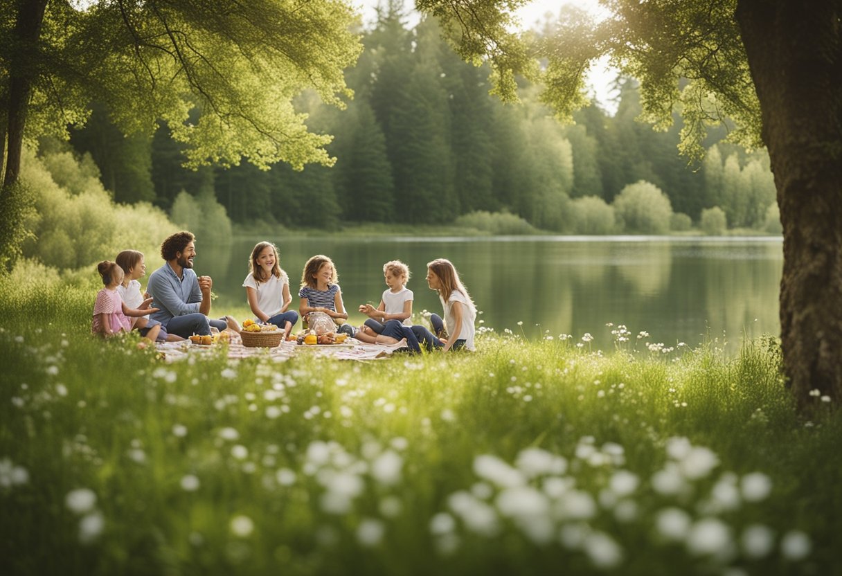 Families picnic near a tranquil lake, surrounded by blooming wildflowers and lush greenery. Children play and laugh, while parents relax in the peaceful spring weather