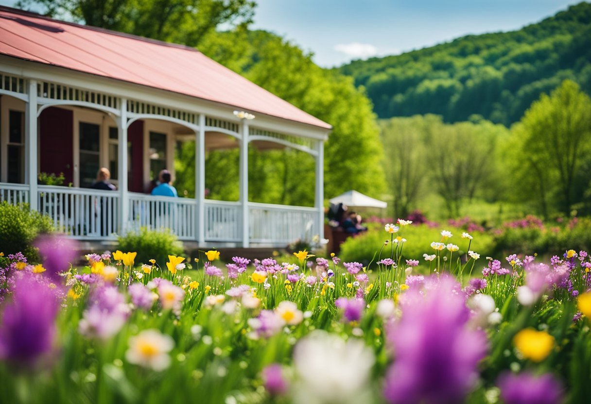 A vibrant spring scene with blooming flowers, families enjoying outdoor activities, and a backdrop of Missouri's natural beauty