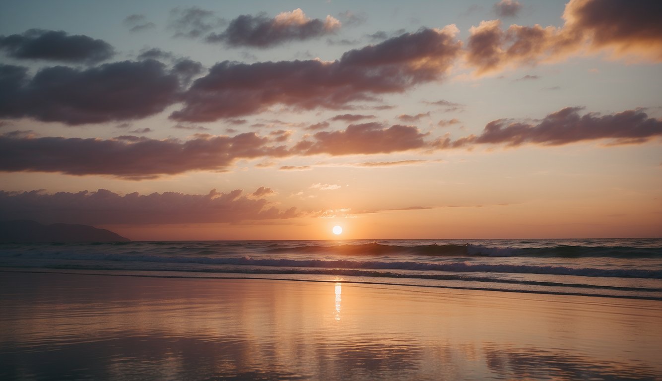 A serene scene of a sunset over a calm ocean, with soft, muted tones of gold, blush, and lavender reflecting off the water