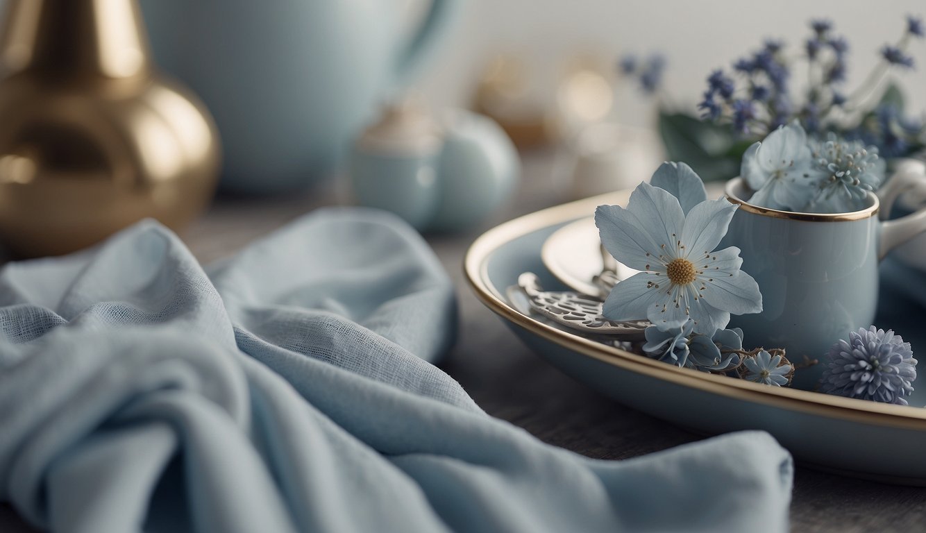 A serene, muted color palette of soft grays, dusty blues, and pale creams evokes a sense of quiet luxury. Subtle hints of gold and silver add a touch of elegance to the overall ambiance