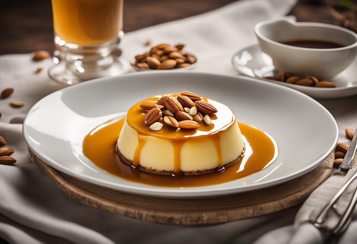 A creamy flan sits on a delicate plate, surrounded by a drizzle of caramel sauce and a sprinkle of toasted almonds