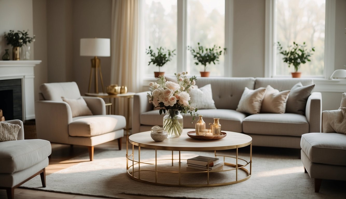 A serene scene of a cozy, sunlit living room with soft, muted tones of champagne, pearl, and dove grey, accented with touches of gold and velvet