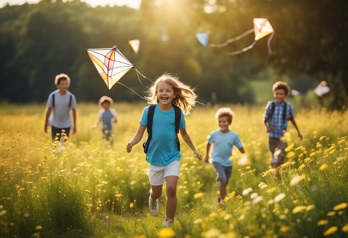 Children playing in a meadow, flying kites and having a picnic. Parents are hiking and birdwatching in the background. The sun is shining, and flowers are blooming
