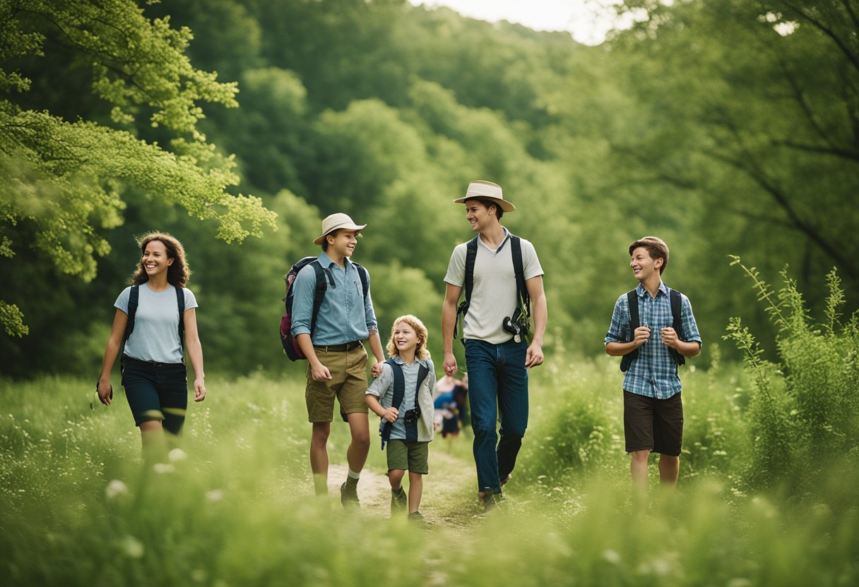 Families hiking, fishing, and picnicking in Missouri's scenic outdoor landscapes during the Spring Awakening program
