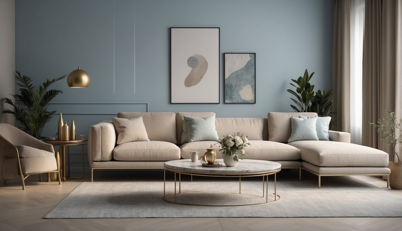 A serene, minimalist living room with soft, muted tones of champagne, taupe, and pale blue. Clean lines and sleek surfaces exude an air of quiet luxury