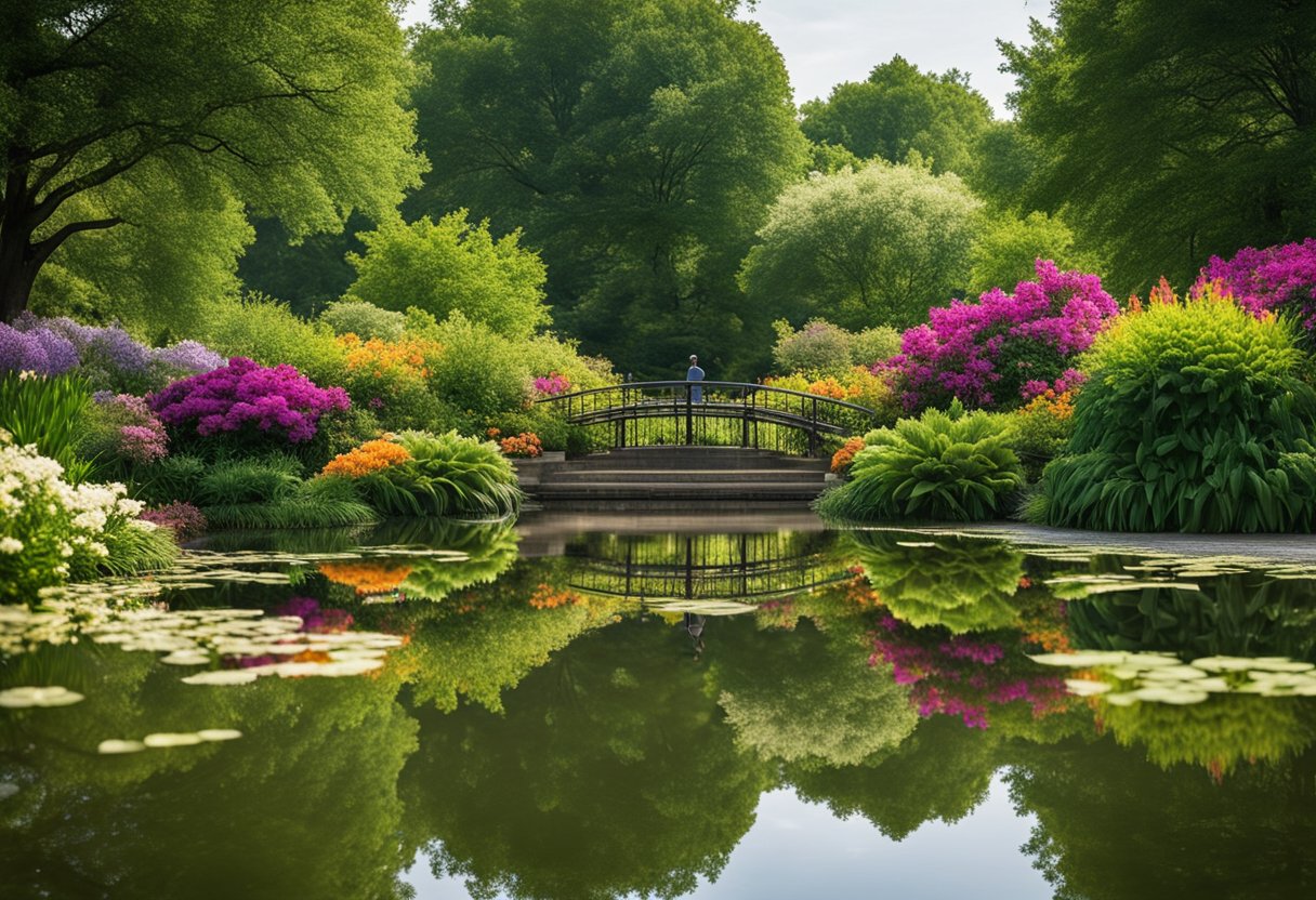 Lush greenery and colorful blooms fill the Missouri Botanical Garden. A tranquil pond reflects the vibrant scenery, while butterflies flit among the flowers