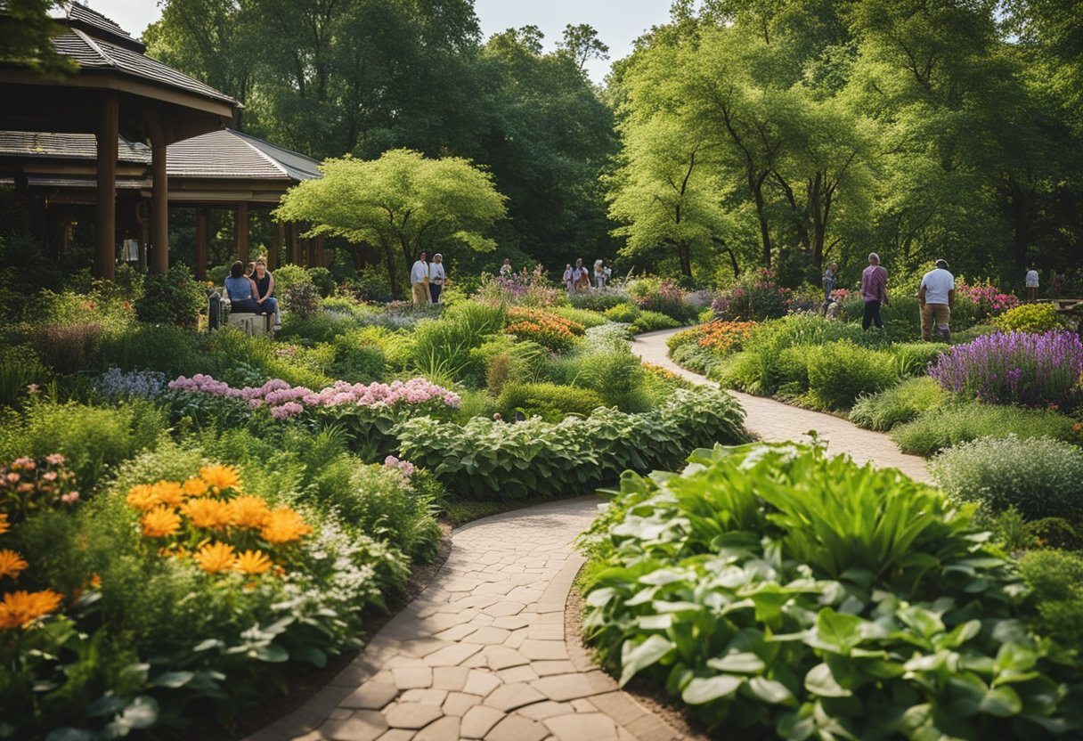 Lush botanical gardens with vibrant flowers and winding paths. Families enjoying the day at the zoo, observing a variety of animals