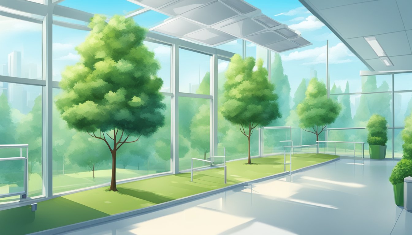 A clear blue sky with green trees and clean air filters in a hospital