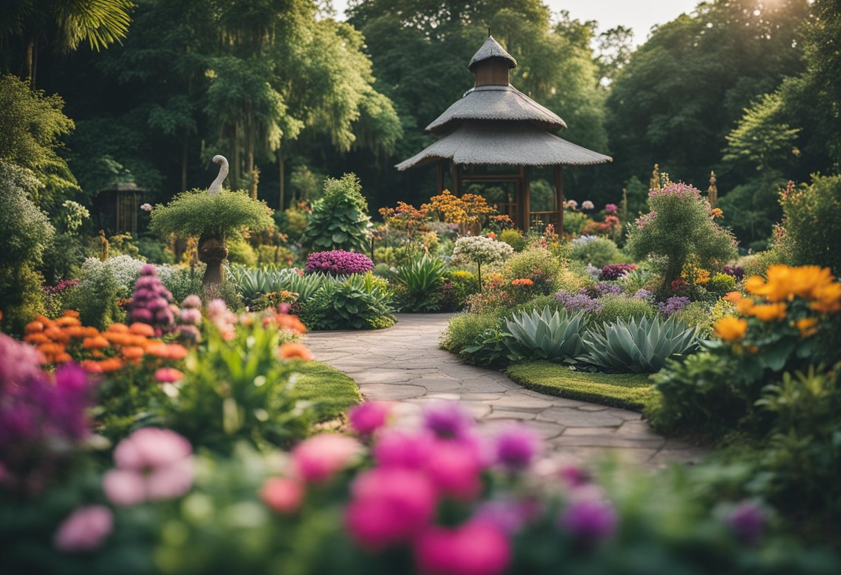 A colorful botanical garden with vibrant flowers and lush greenery, surrounded by a zoo with various animal enclosures and playful wildlife