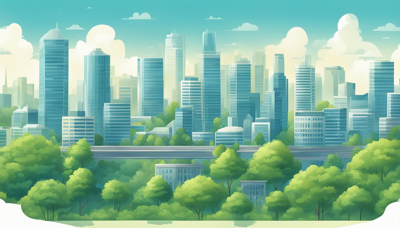 A city skyline with clear blue skies and greenery, showcasing clean air and pollution control measures