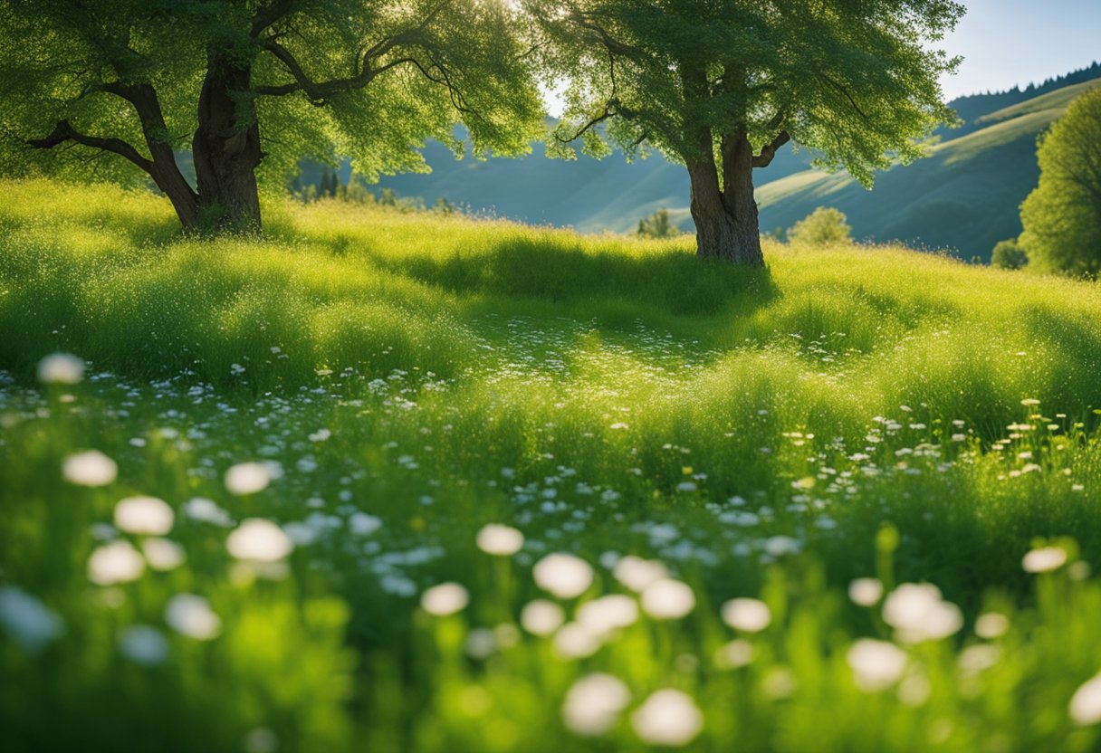 Vibrant wildflowers blanket rolling hills. Trees burst with fresh green leaves. A gentle stream winds through the landscape, reflecting the clear blue sky