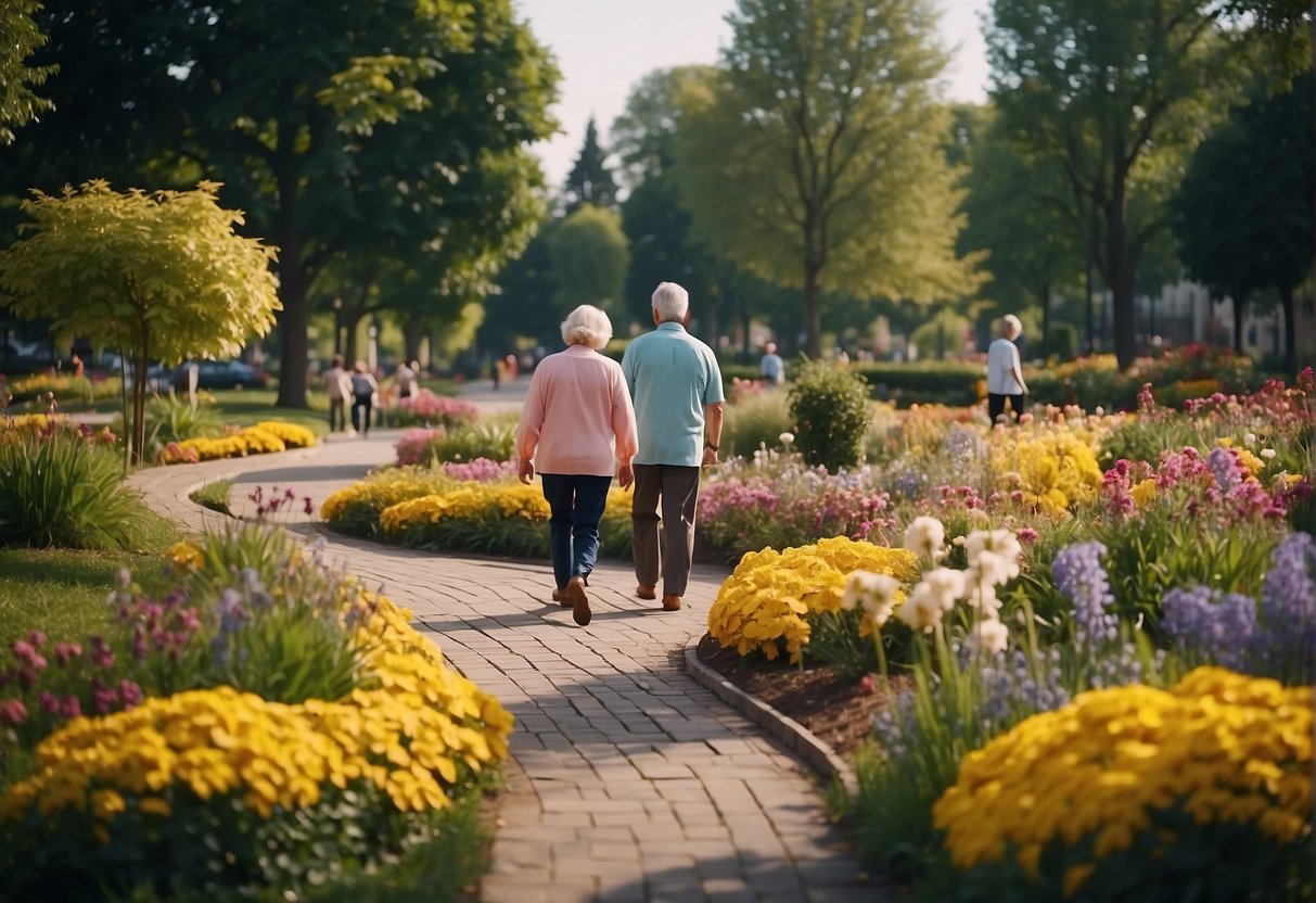 A serene park with colorful flowers and winding paths, surrounded by friendly senior citizens engaged in various activities