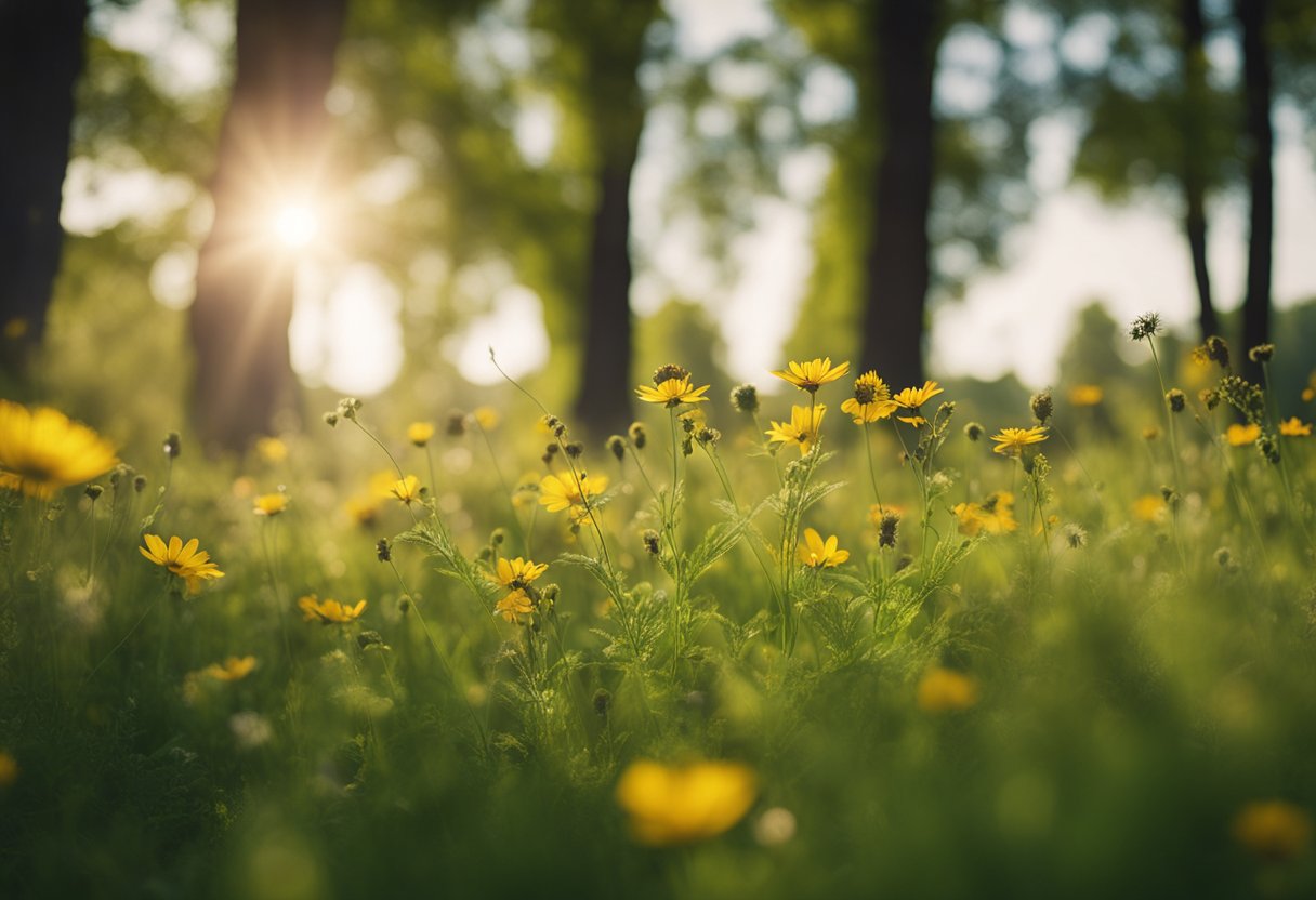 A vibrant meadow bursts with wildflowers and buzzing insects under the warm spring sun. Majestic trees stand tall in the background, their branches adorned with fresh green leaves