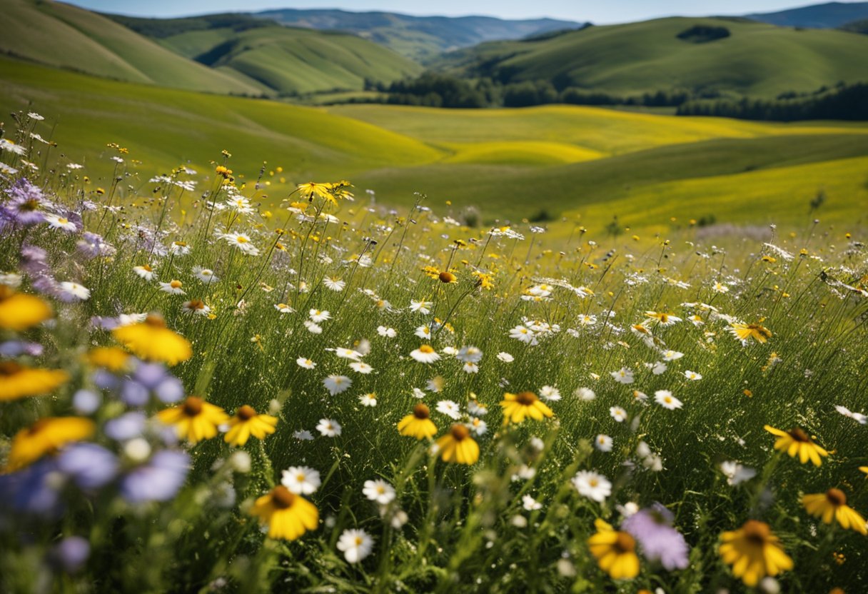 A vibrant field of wildflowers stretches out beneath a clear blue sky, with rolling hills and a meandering stream in the background