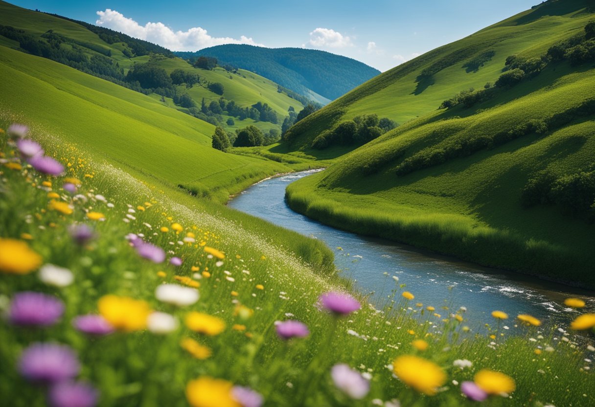 A colorful meadow with blooming wildflowers, a winding river, and lush green hills under a clear blue sky