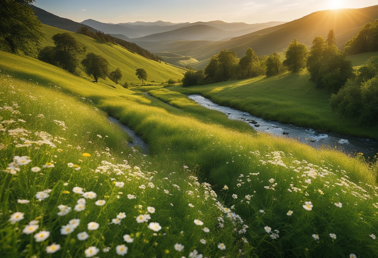 Lush green hills roll into a vibrant meadow of wildflowers, with a winding river cutting through the landscape. Trees are in full bloom, and the sun casts a warm glow over the scene