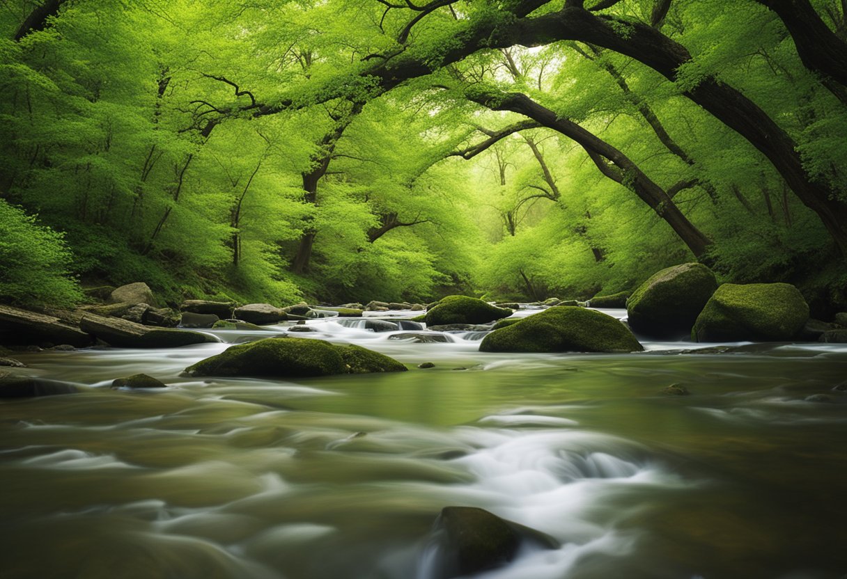 Lush green forests, vibrant wildflowers, and flowing rivers in Missouri's spring. Wildlife frolics among the blossoming trees and colorful meadows